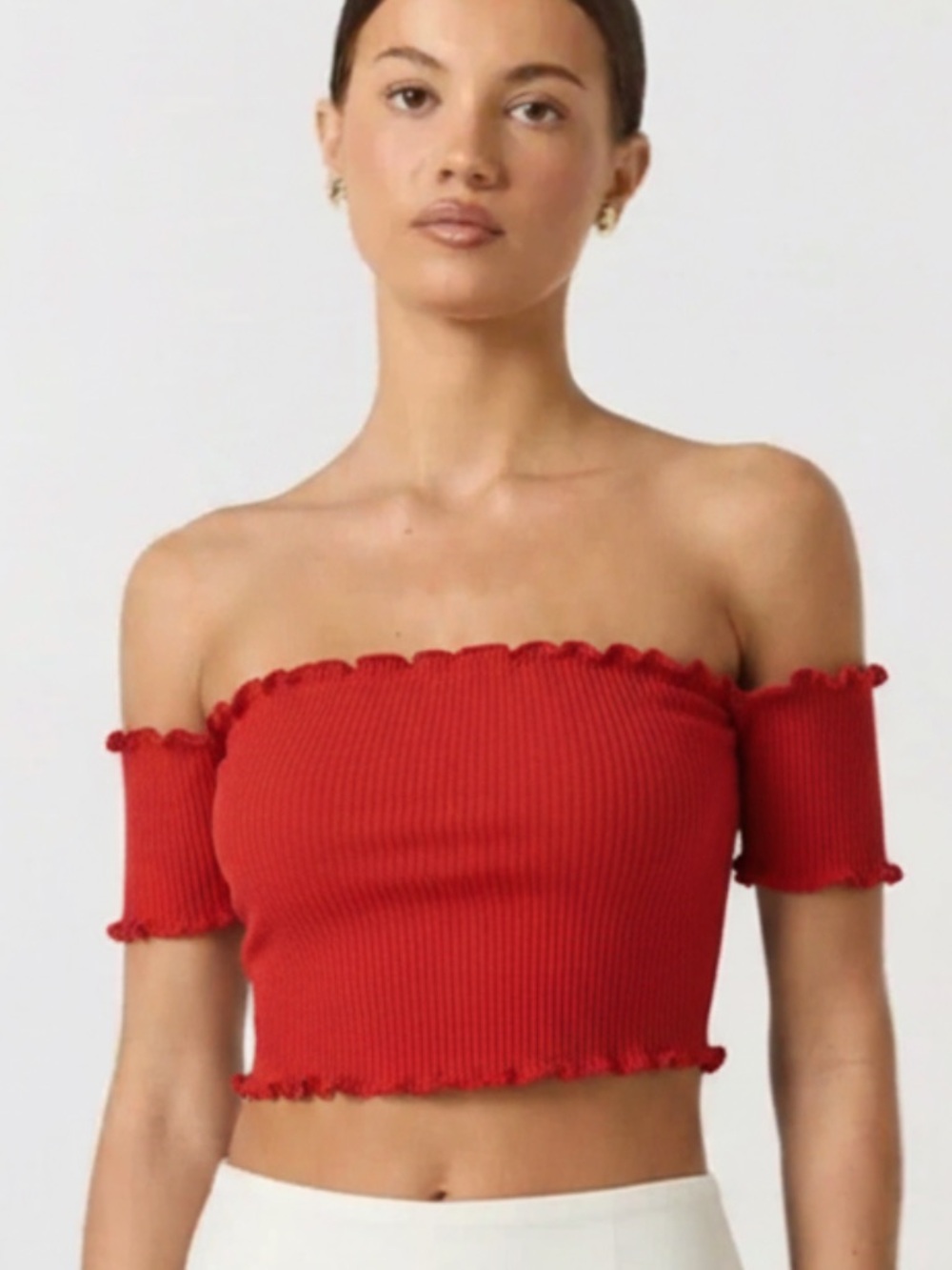 Lock & Key Red Off Shoulder Frill Trim Crop Top Short Sleeve Going Out Medium